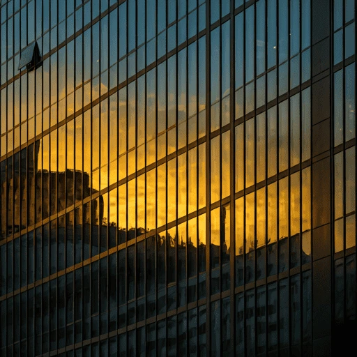 Modern architectural glass building reflecting a golden sunset sky, high-end business district aesthetic